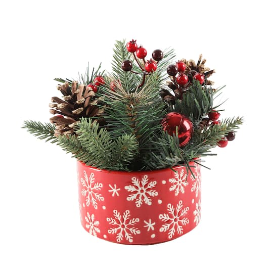 Christmas Mix In 5&#x22; Red Snowflakes Ceramic Pot